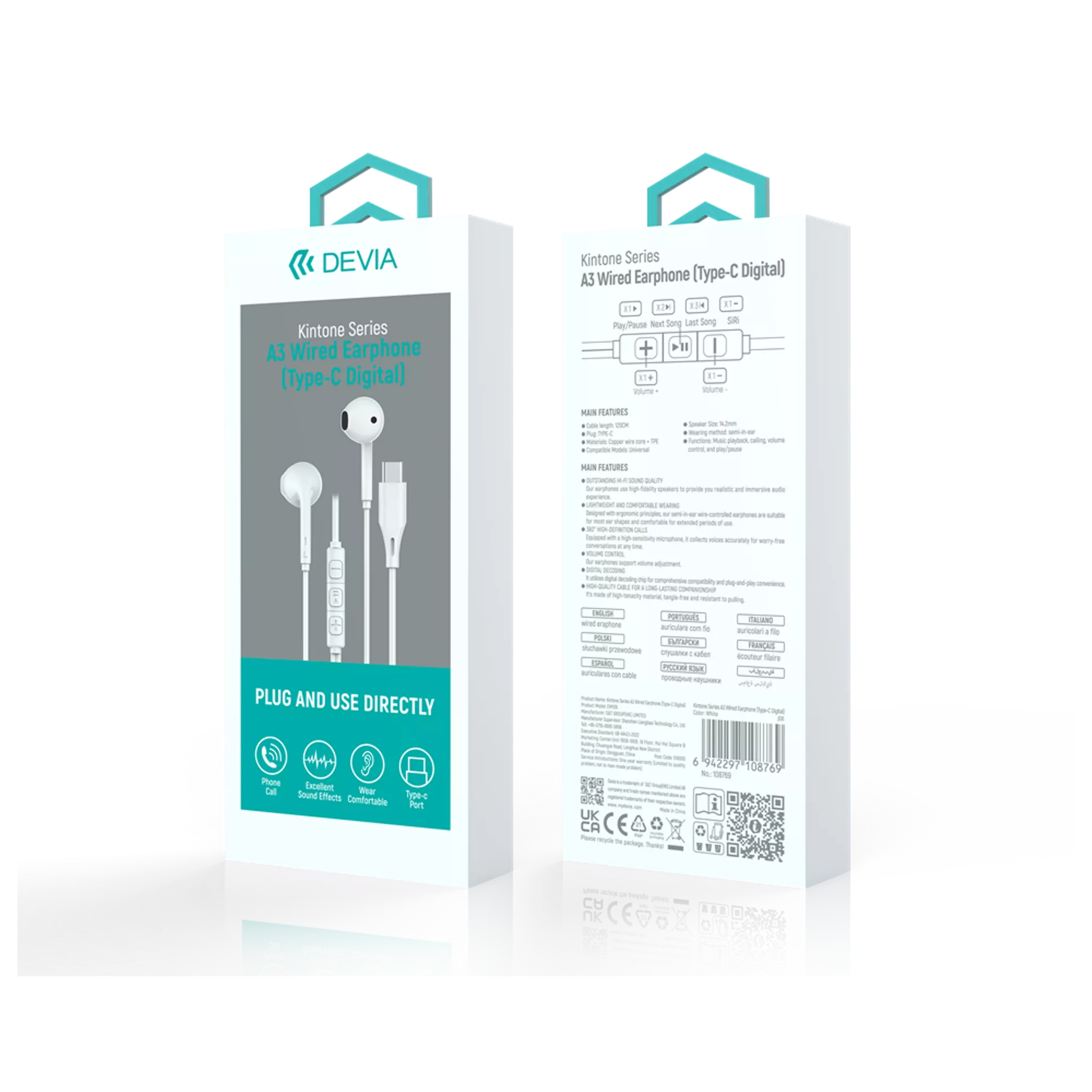 Devia - USB-C Earphones with Microphone & Volume Control - White
